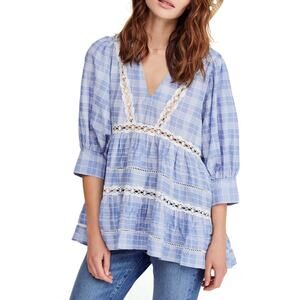 Free People Top Womens Small Blue Plaid Boho Peasant Lace Tunic Blouse Crochet